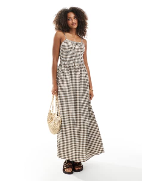 Daisy Street - Maxikjole med rynket panel og brune gingham-tern - view 1