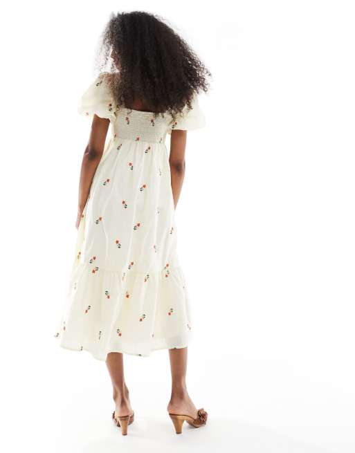 Daisy Street – Maxikleid in Beige mit aufgesticktem Blumenmuster und Puffärmeln, 4 von 4
