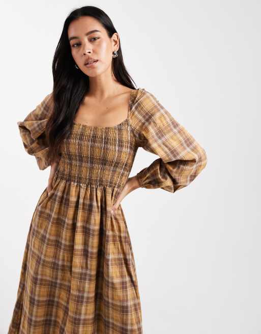 Daisy Street – Maxikleid in Senfbraun kariert mit Puffärmeln und gerafftem Oberteil, 2 von 4