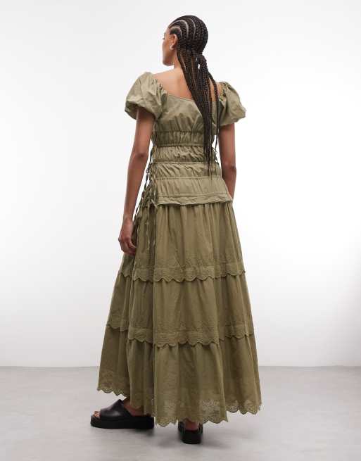 Daisy Street Maxikleid mit Raffung und Broderie-Detail in Olivgrün, 3 von 4