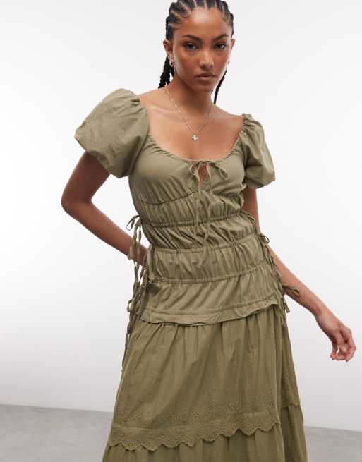 Daisy Street Maxikleid mit Raffung und Broderie-Detail in Olivgrün, 4 von 4