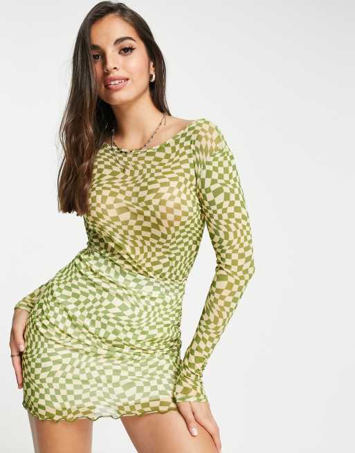 Daisy Street - Mesh crop top met lange mouwen met golvend dambordmotief, deel van co-ord set