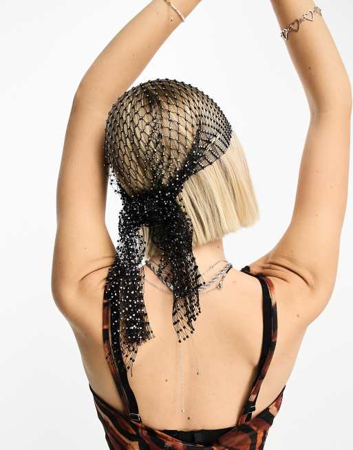 Daisy Street mesh embellished festival headscarf in black, 2 of 4