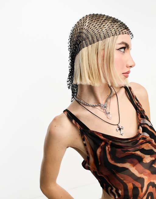 Daisy Street mesh embellished festival headscarf in black, 3 of 4