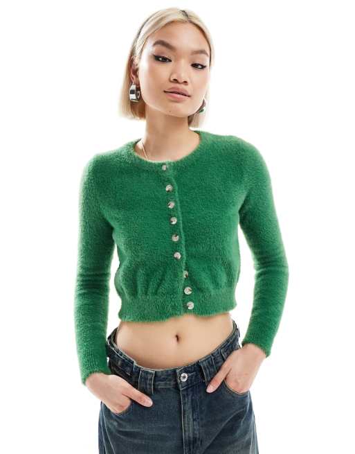Daisy Street micro button up knit cardigan in garden green