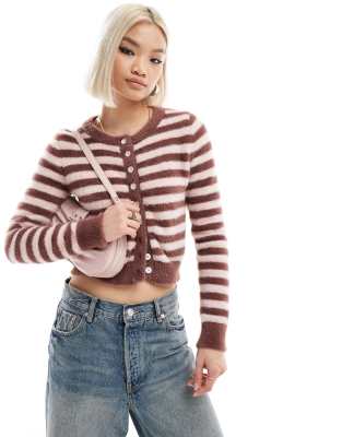 Daisy Street Micro Button Up Knit Cardigan In Pink Brown Stripe-multi