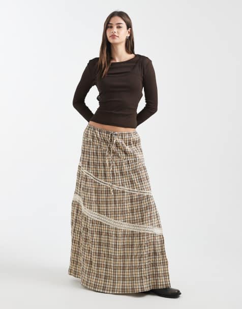 Daisy Street mid rise asymmetric tiered skirt with side split in light plaid - view 1