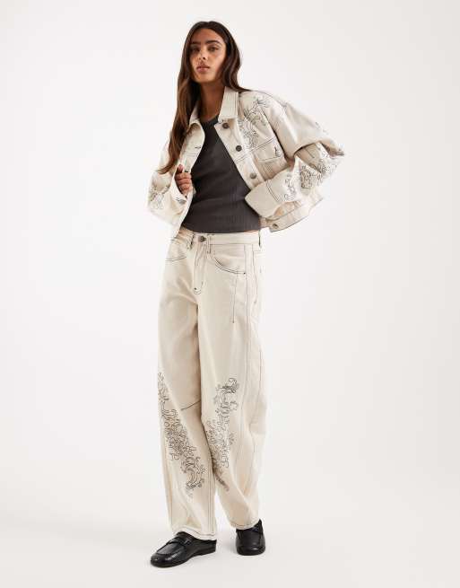 Daisy Street volume sleeve curved hem denim jacket with embroidery in cream (part of a set), 3 of 3