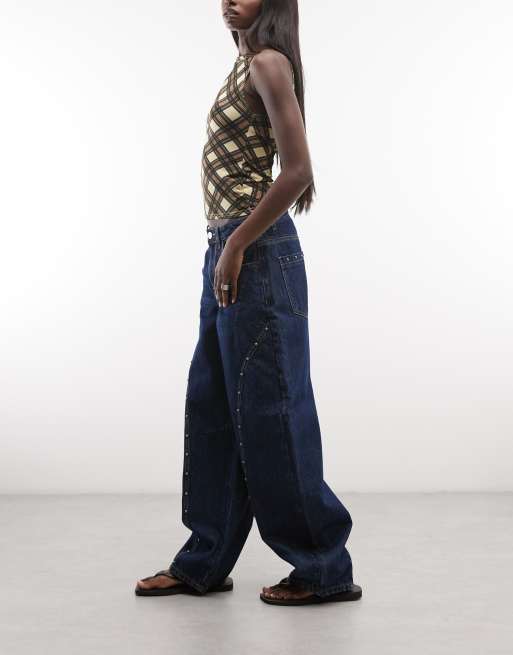 Daisy Street mid rise barrel leg studded jeans in blue wash, 2 of 5