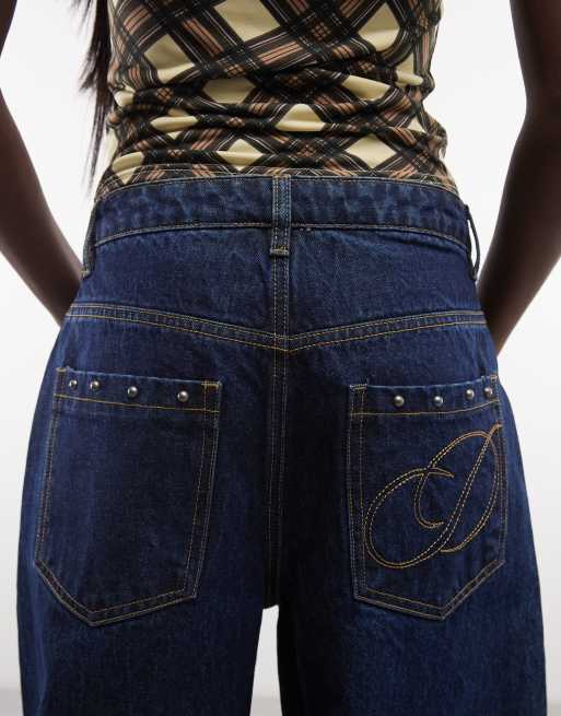 Daisy Street mid rise barrel leg studded jeans in blue wash, 4 of 5