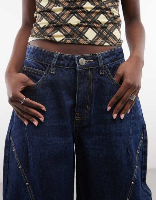 Daisy Street mid rise barrel leg studded jeans in blue wash, 5 of 5