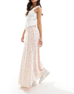 mid rise jacquard maxi skirt with lace trim in pink