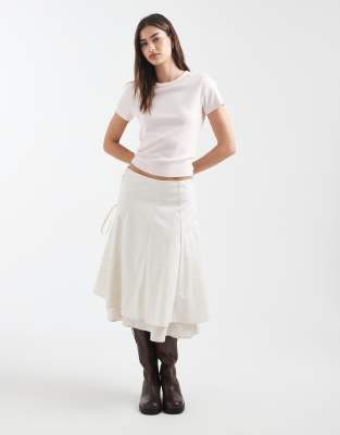 Daisy Street Mid Rise Mixed Fabric Lace Up Detail Midi Skirt In White