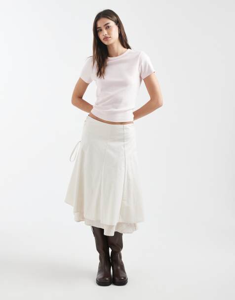 Daisy Street mid rise mixed fabric lace up detail midi skirt in cream - view 1