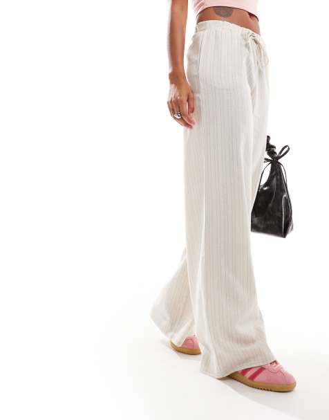 Daisy Street mid rise wide leg pants in beige linen stripe - view 1