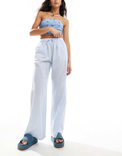 Daisy Street mid rise wide leg trouser in blue cotton stripe - view 1