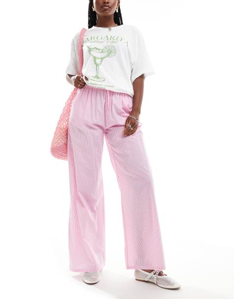 Daisy Street mid rise wide leg trouser in pink cotton stripe - view 1