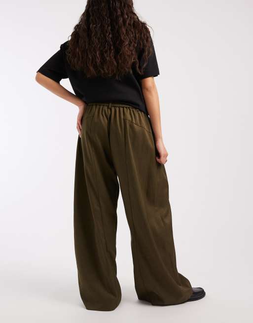 Daisy Street mid rise wide leg trousers with asymmetric buttons in khaki olive, 3 of 5