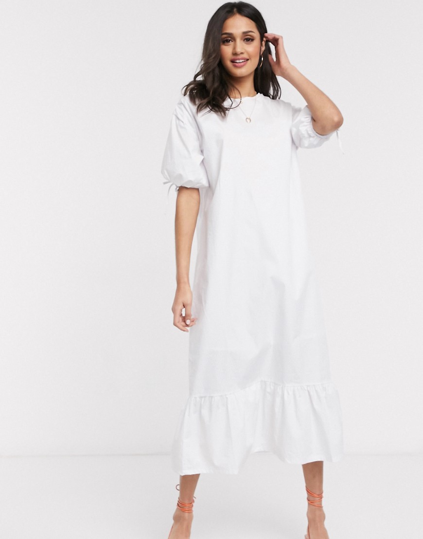 Daisy Street midaxi dress with peplum hem and volume sleeves in cotton-White