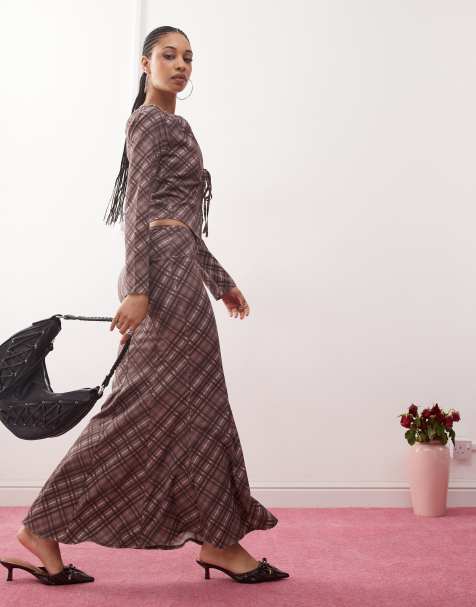 Daisy Street midaxi low rise skirt in burgundy check co-ord