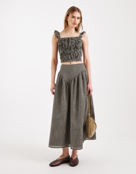 Daisy Street - Midaxi rok met V-taille en gingham ruit in beige en zwart, deel van co-ord set - view 1