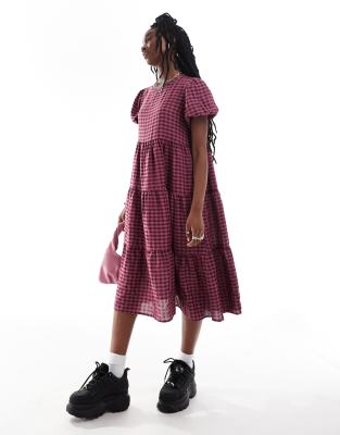 midaxi short sleeve tiered smock dress in pink burgundy check