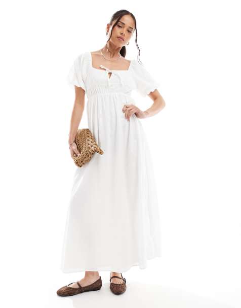 Daisy Street – Midaxikleid aus Lochstickerei in Wollweiß mit Puffärmeln und Bindedetail - view 1
