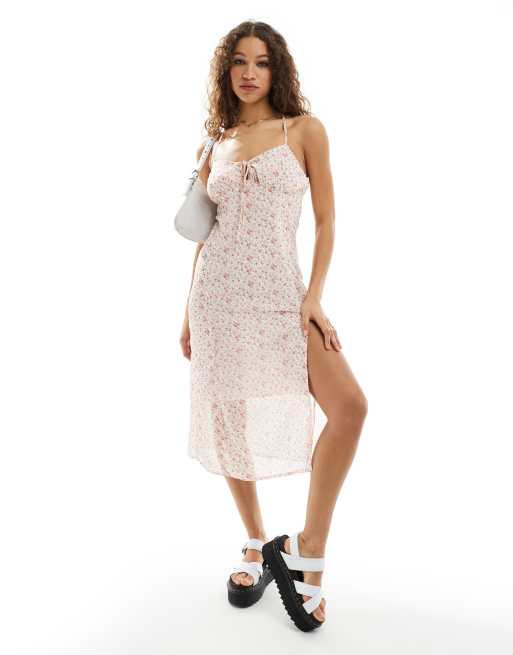 Daisy Street - Midi-jurk met camibandjes, gekruiste bandjes en fijne print in roze