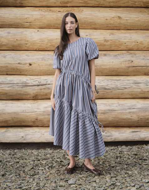 Daisy Street midi-jurk met pofmouwen en lagen in blauw gestreept - view 1