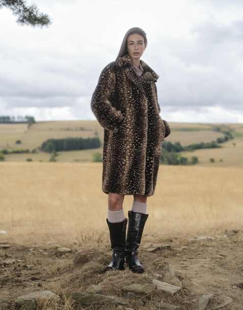 Daisy Street midi length faux fur coat in chocolate fawn print - view 1