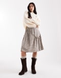 [Daisy Street] Daisy Street midi low rise ruffle skirt in camel grey check-Multi 12 CAMEL GREY CHECK