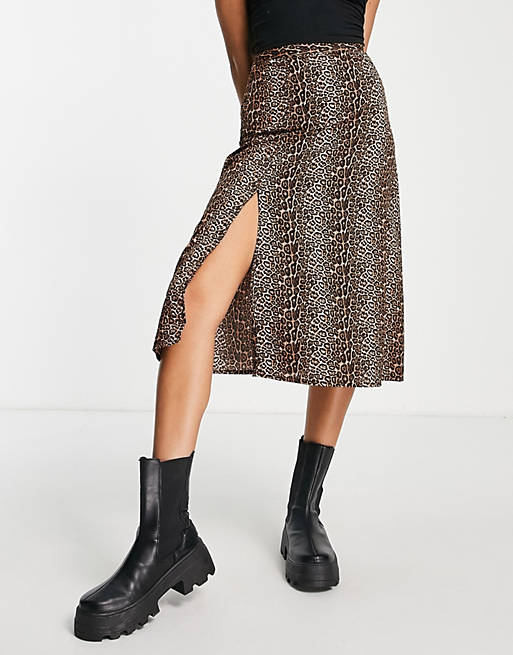 Women Daisy Street midi skirt with thigh split in grunge leopard 