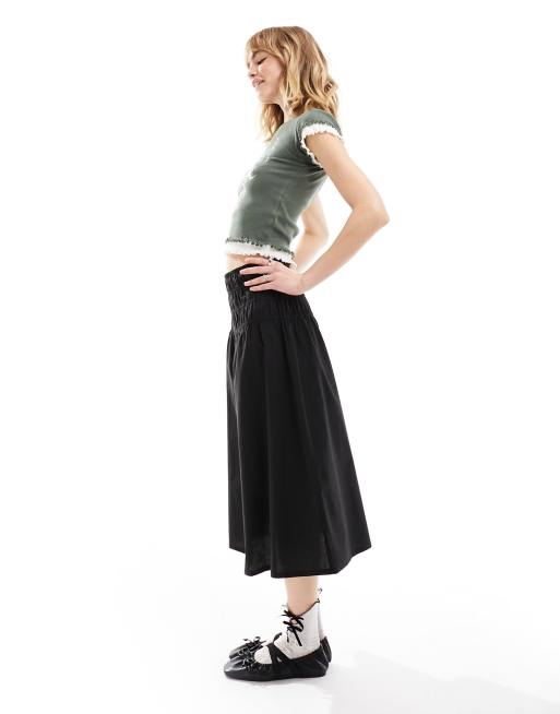Daisy Street – Midirock aus Baumwolle in Schwarz mit Raffung in der Taille