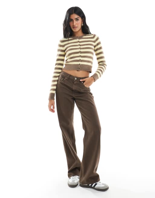Daisy Street - Mikro-cardigan med brune og gule striber i vamset strik, 2 af 4