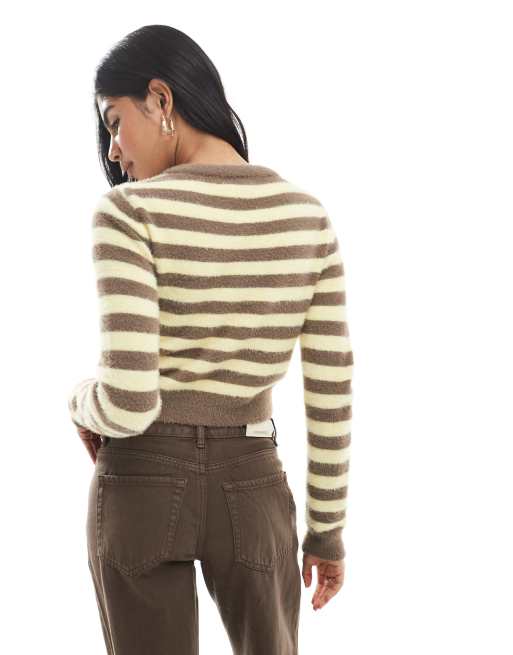 Daisy Street - Mikro-cardigan med brune og gule striber i vamset strik, 4 af 4