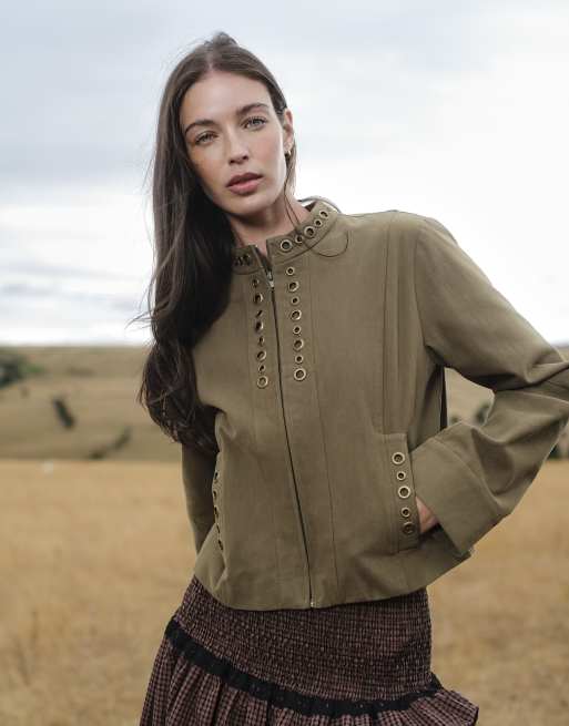 Daisy Street military style fitted jacket with eyelets in khaki, 2 of 4