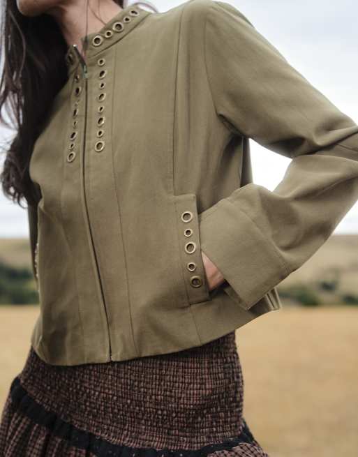 Daisy Street military style fitted jacket with eyelets in khaki, 3 of 4