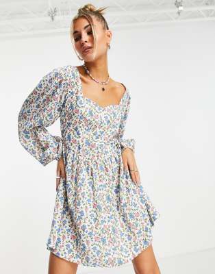 Daisy Street Milkmaid Corset Detail Mini Dress In Spring Floral-white In White