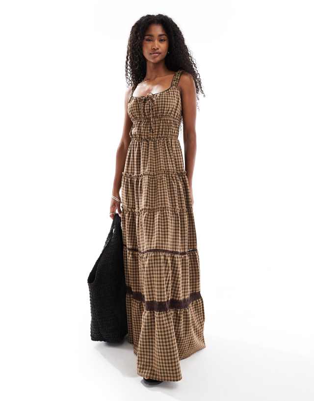 Daisy Street milkmaid midi dress in brown gingham plaid | ASOS
