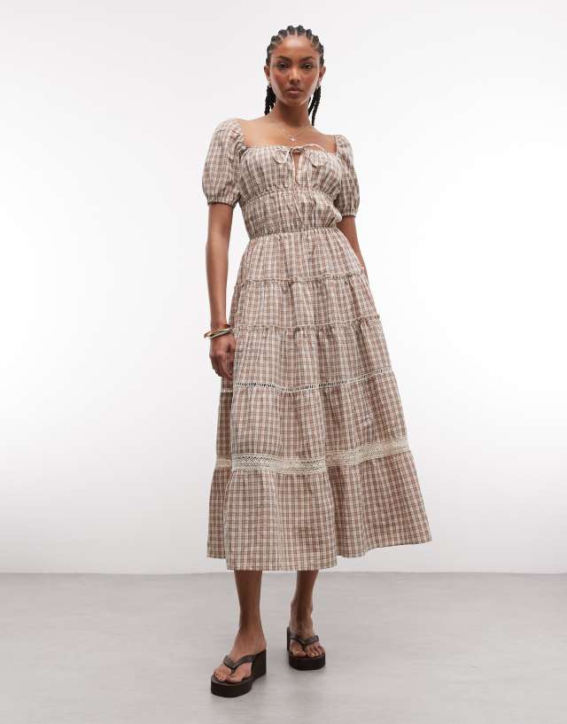 Daisy Street milkmaid tiered midi dress in brown plaid