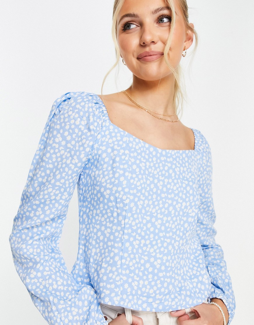 Daisy Street milkmaid top with scrunchie in floral ditsy print - part of a set-Blues
