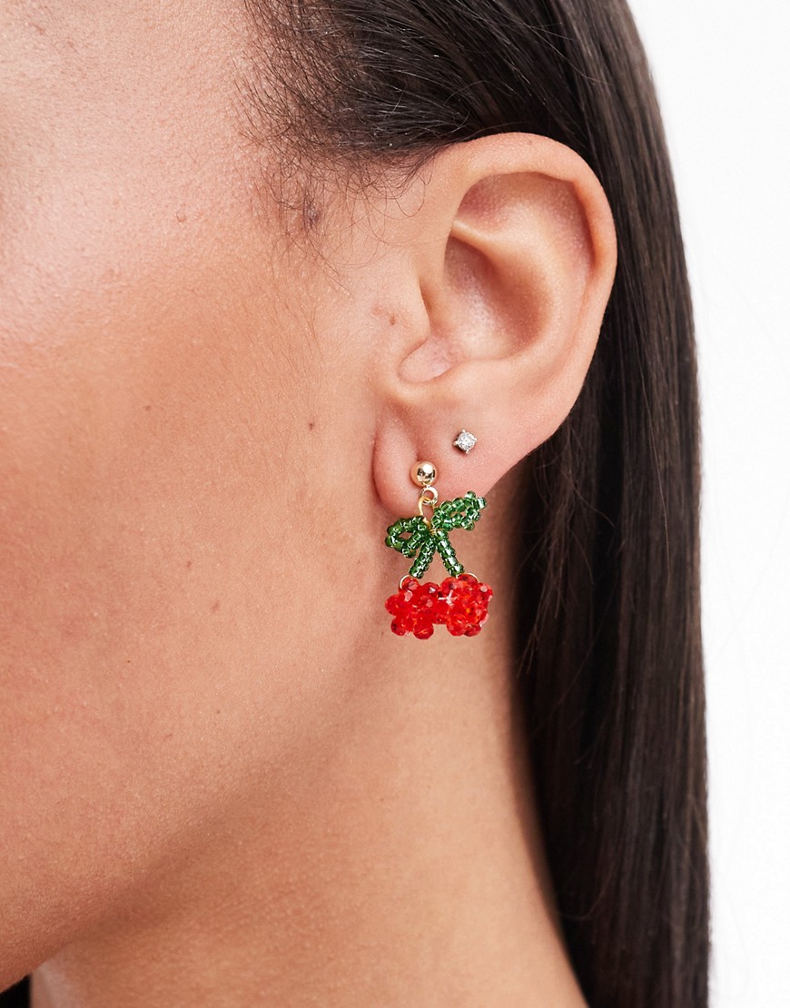 Daisy Street mini beaded cherry earrings-Multi