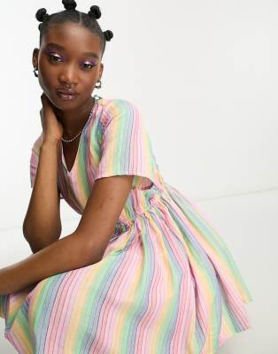 Daisy Street linen mini smock dress in rainbow stripe - ASOS Price Checker