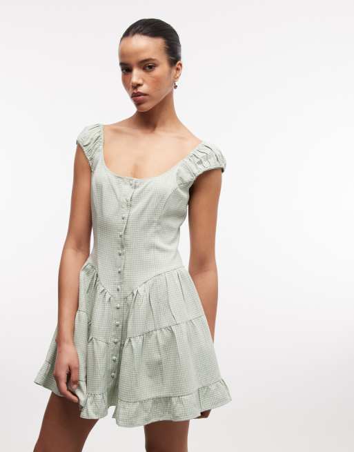 Daisy Street - Mini jurk met stroken en gingham ruit in groen, 2 van 4