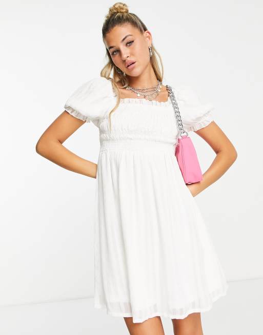 Daisy Street mini milkmaid tea dress with puff sleeves in white | ASOS