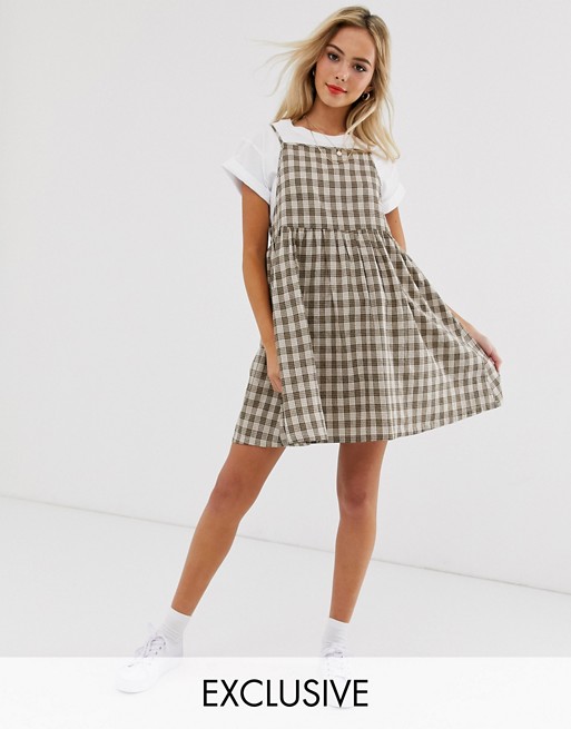 Daisy Street mini pinafore swing dress with pleated skirt in check