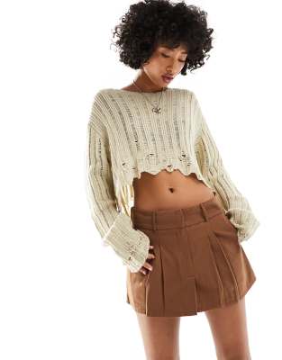 Daisy Street Mini Pleated Skirt In Tan Brown