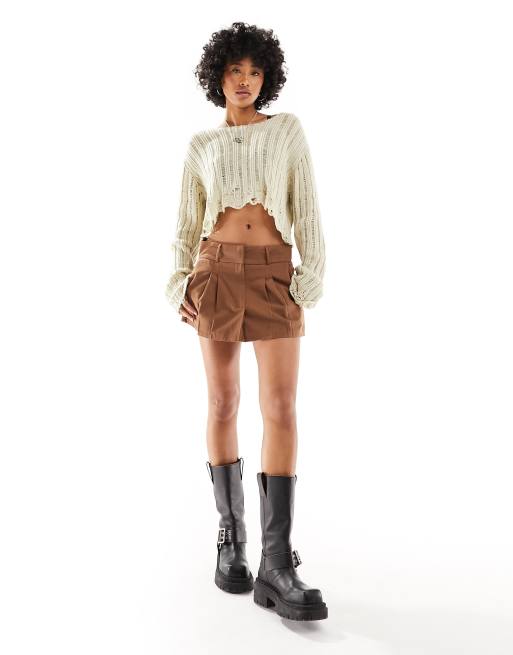 Daisy Street mini pleated skirt in tan brown, 3 of 5