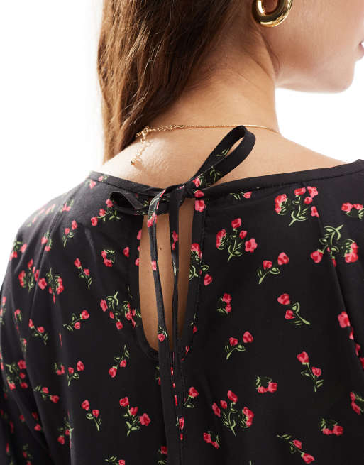 Daisy Street mini smock dress in black red floral ditsy, 4 of 4