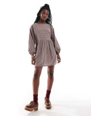 mini smock dress in brown check-Purple